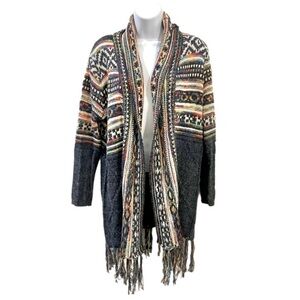 Glitzy Girlz Open Front Multicolor Pattern Knit Cardigan with Fringe Medium